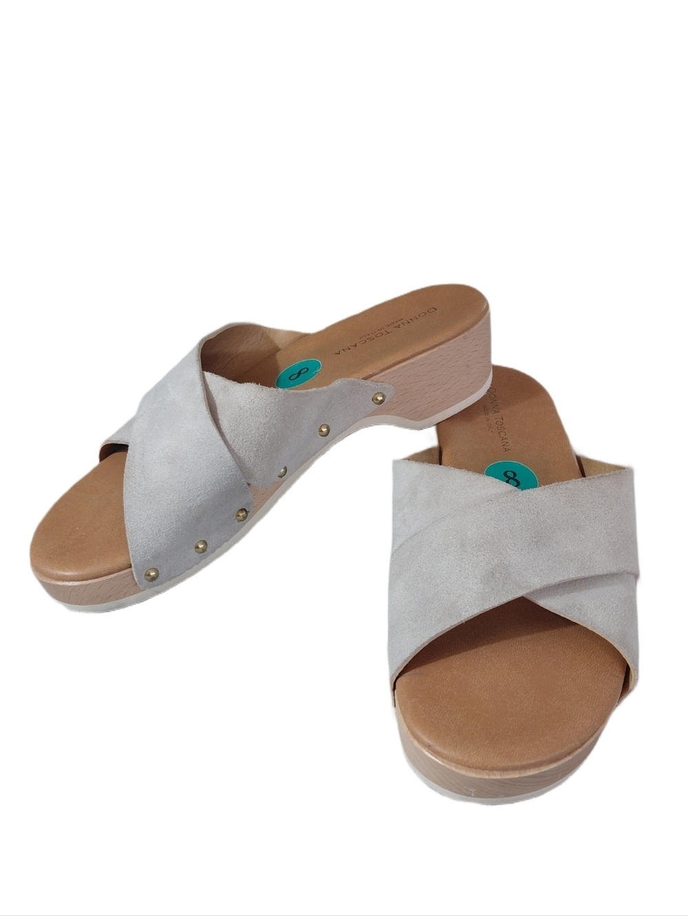 Italian Slide Mules in Light Gray Wooden Platform Studded Sandals Sz 8
